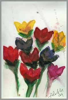 002 Forskellige blomster - Akvarel p papir 30 x 20 cm - Alettes Maleri (akvarel og akryl)