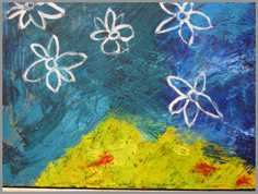 049 Gul bakketop - Akryl p� l�rred 40 x 50 cm - Alettes Maleri (akvarel og akryl)