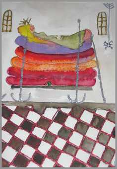 064 Prinsesse med rdternet gulv - Akvarel p papir 27 x 17 cm - Alettes Maleri (akvarel og akryl)
